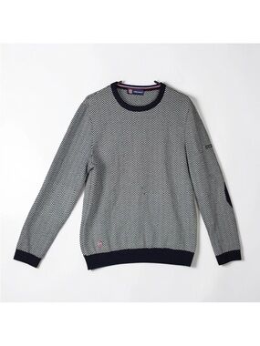 Saint James Men Sweater Wool Herringbone Jacquard Elbow Patches Crew Neck Sz M/L